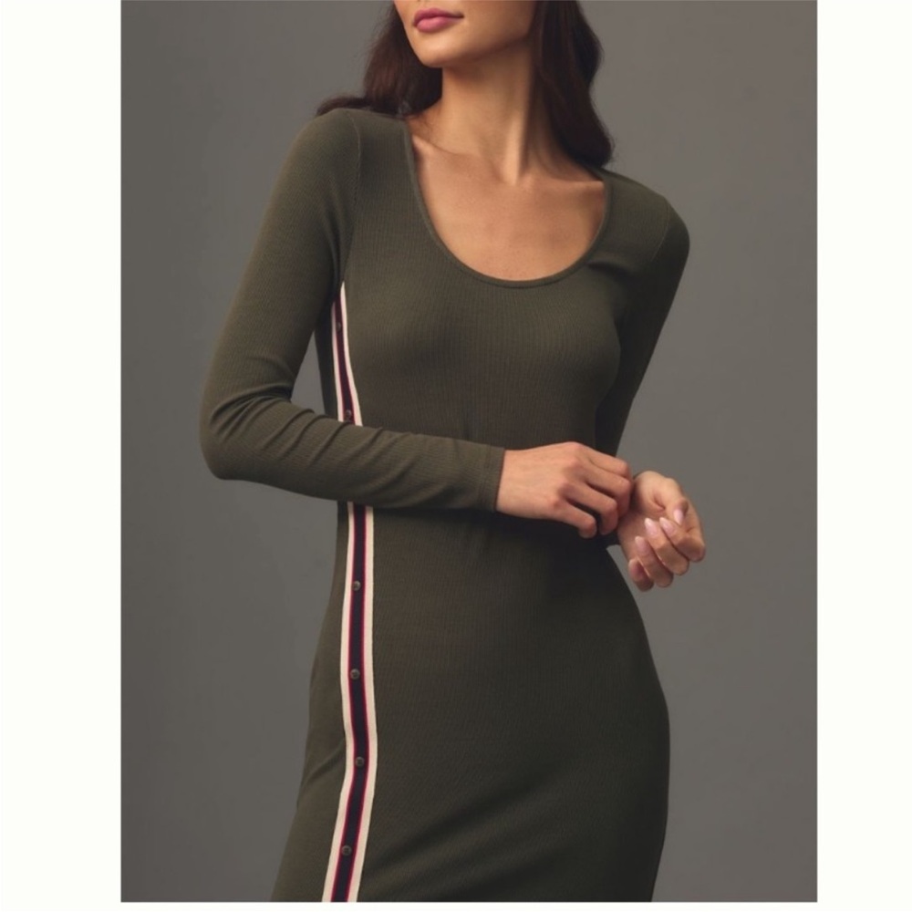 Anthopologie Bordeaux Ribbed Olive Green Long Sleeve Dress size Medium